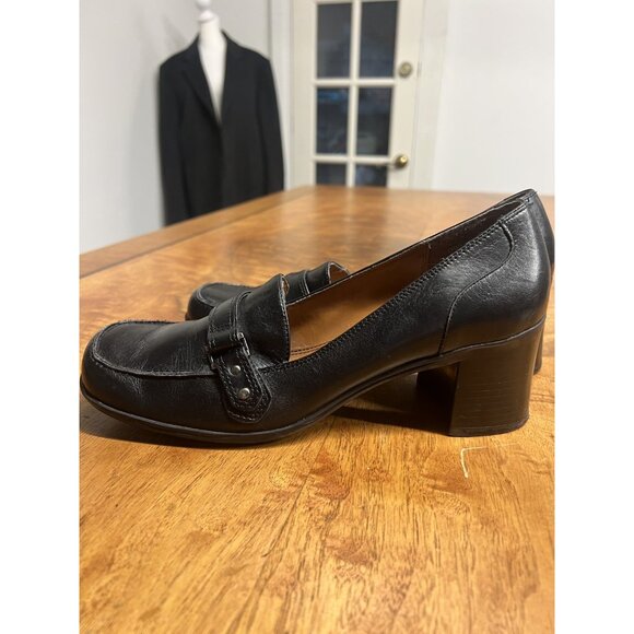 Vtg 90s Bandalino 8.5 M Black Leather Shoes Block Heel Career Old Money Chunky - Picture 7 of 10